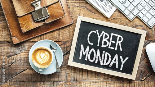 Cyber security concept with CYBER MONDAY on blackboard, wood table, newspaper, and coffee cup.