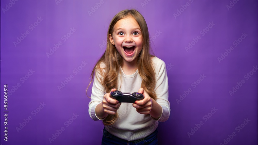 Excited girl playing video game with controller against purple background Excited girl playing video game with controller against purple background