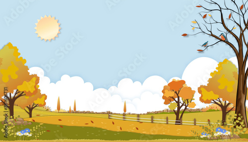 Paper cut Autumn landscape of farm field with cloud, blue sky background,Paper art Mid Autumn in countryside in village with grass land in orange foliage,Vector banner for fall or Autumnal background