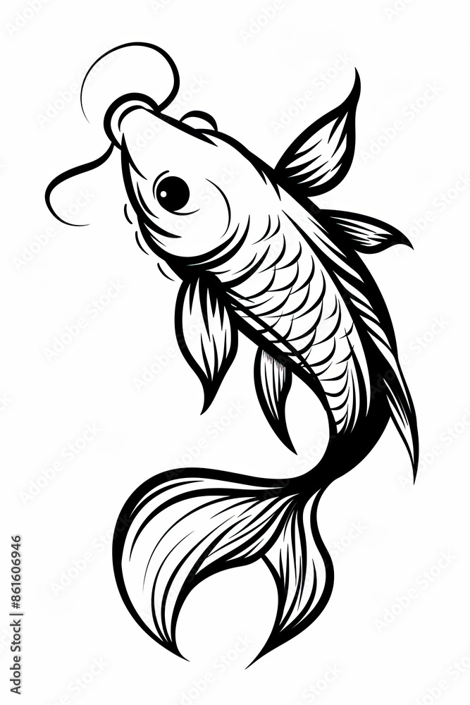 Obraz premium A black and white drawing of a fish with a long tail