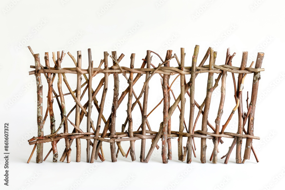 A rustic fence made of wooden sticks and twigs isolated on white background