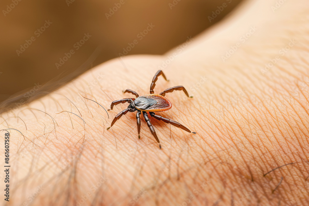 Obraz premium Macro shot of a tick sucking blood, emphasizing the health risks and potential infections associated with its bite.