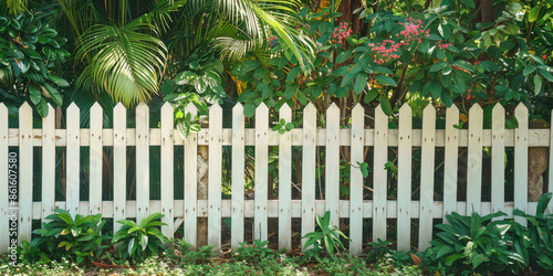 Classic wooden fence dividing a green lawn and garden, creating a peaceful and natural backdrop for the backyard.