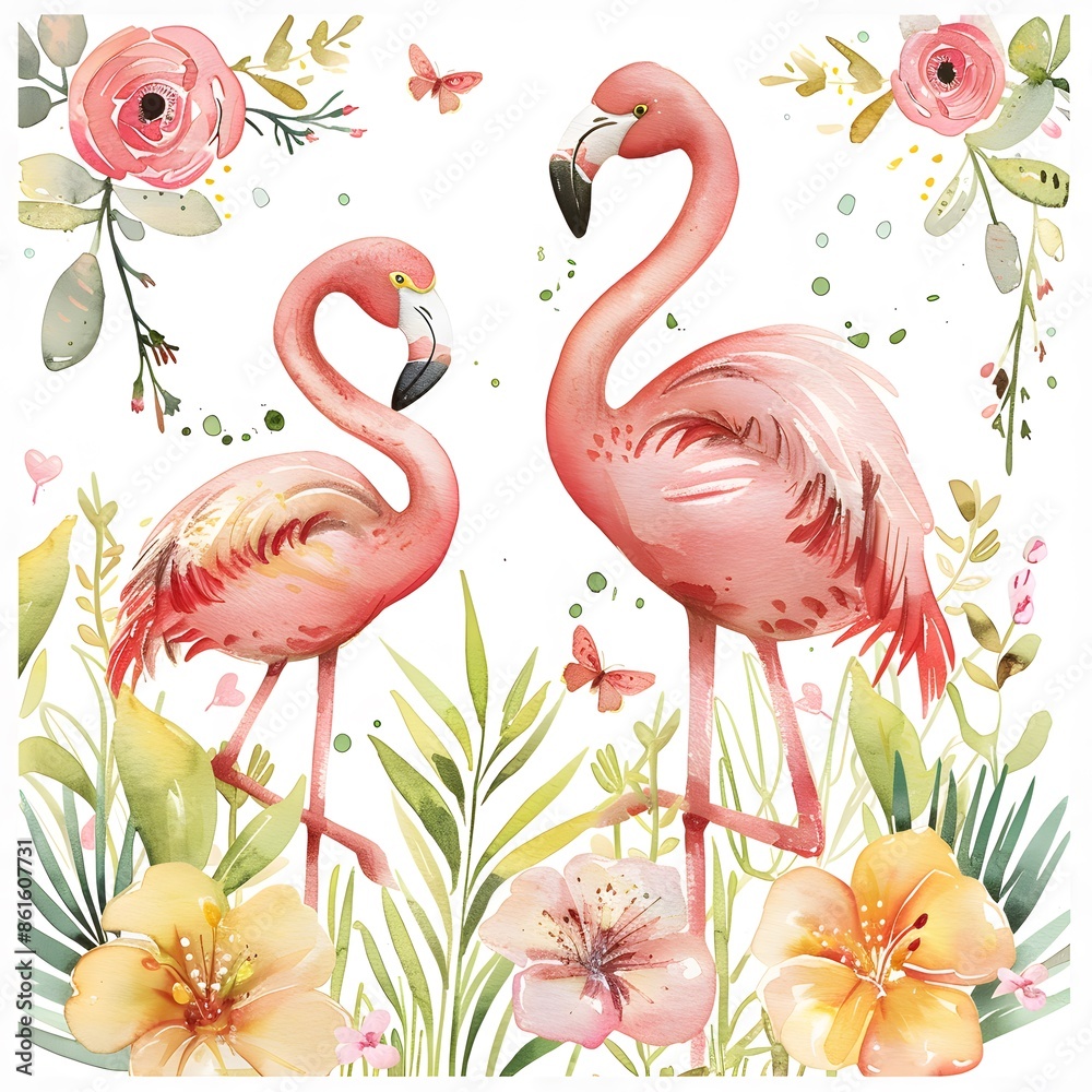 Obraz premium Beautiful watercolor illustration of two pink flamingos with flowers, butterflies, and lush greenery in a tropical setting.