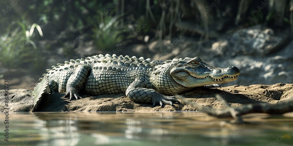 Lazing Crocodile by Riverbank A full-body shot of a crocodile lazing by the riverbank, highlighting its rugged texture and natural habitat. Lazing Crocodile by Riverbank A full-body shot of a crocodile lazing by the riverbank, highlighting its rugged texture and natural habitat.