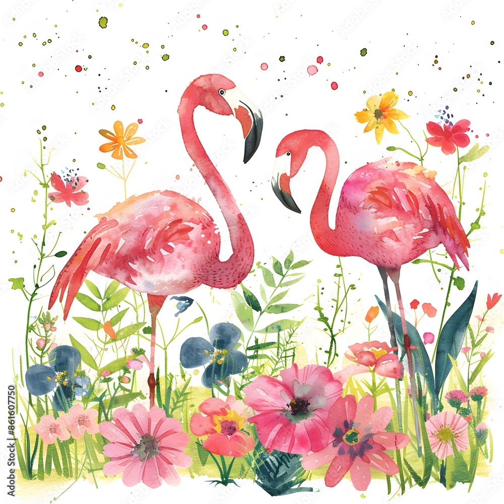 Naklejka premium Beautiful watercolor illustration of two pink flamingos surrounded by colorful flowers and greenery.