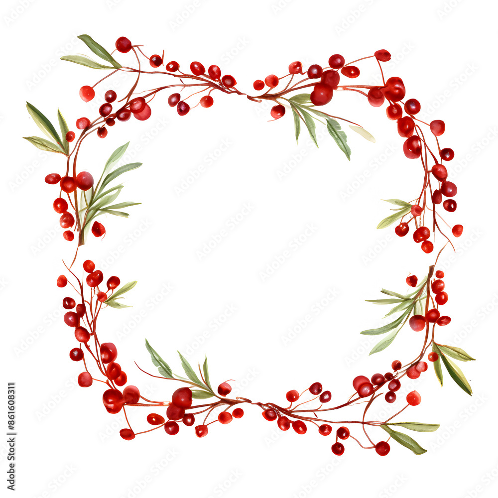 Elegant square frame of red berries and green leaves, perfect for holiday cards and festive designs. Elegant square frame of red berries and green leaves, perfect for holiday cards and festive designs.