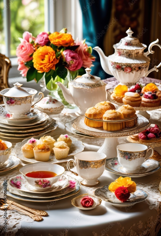 luxurious high tea table setting elegant china delicate pastries, floral, vintage, classy, beautiful, traditional, exquisite, sophisticated, fancy, stylish luxurious high tea table setting elegant china delicate pastries, floral, vintage, classy, beautiful, traditional, exquisite, sophisticated, fancy, stylish