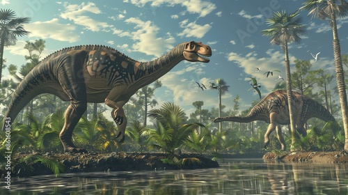 Two dinosaurs walk along the edge of a pond in a lush green jungle. © Design