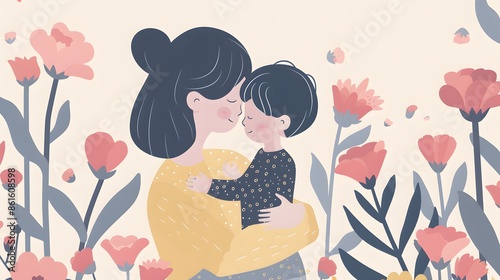 Illustration of a mother embracing her child among pink and blue flowers, showcasing maternal love and tenderness.
