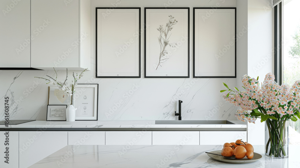 Fototapeta premium Elegant contemporary kitchen with minimalist decor, including a marble countertop and decorative vase. The serene ambiance is enhanced by natural light and clean lines.
