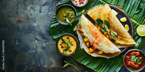 Delicious Mysore Masala Dosa with Spicy Potato Filling Served with Sambar, Chutneys, and Presented on a Banana Leaf. Concept South Indian Cuisine, Mysore Masala Dosa, Spicy Potato Filling, Sambar photo