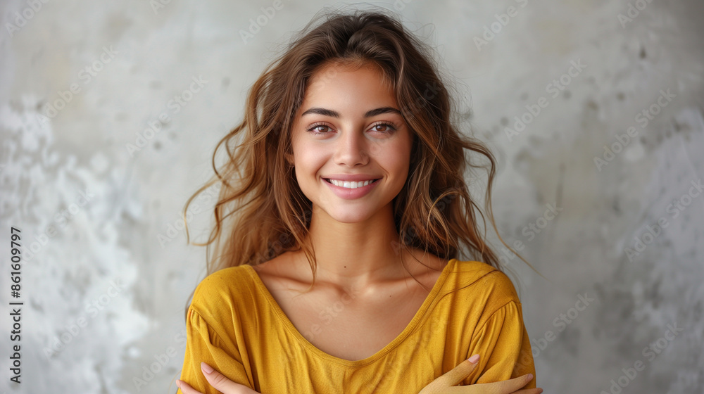 Stunning portrait of a surprised woman in yellow, ideal for business and lifestyle content, capturing expressive emotions Stunning portrait of a surprised woman in yellow, ideal for business and lifestyle content, capturing expressive emotions