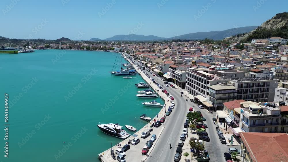 Aerial panoramic view over Zakynthos city against a beautiful blue Summer sky. Zakynthos island, Ionian sea, western Greece Aerial panoramic view over Zakynthos city against a beautiful blue Summer sky. Zakynthos island, Ionian sea, western Greece