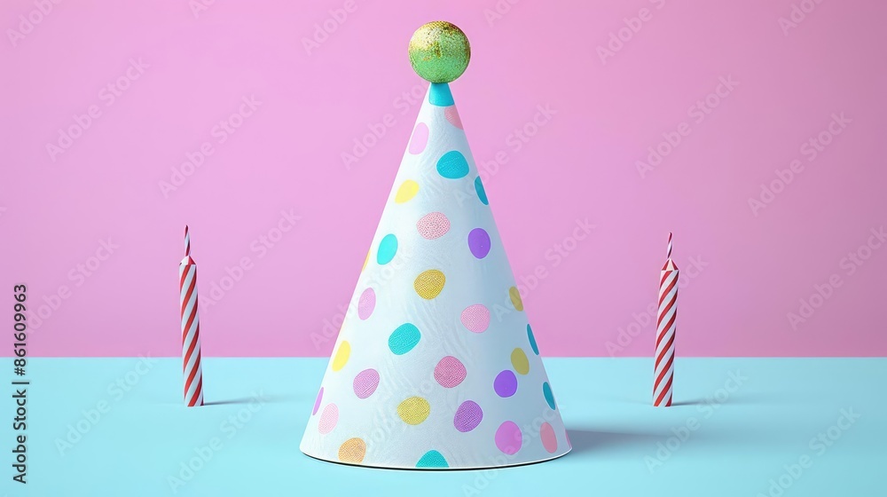 Birthday party hat flat design front view cheerful 3D render colored pastel Birthday party hat flat design front view cheerful 3D render colored pastel