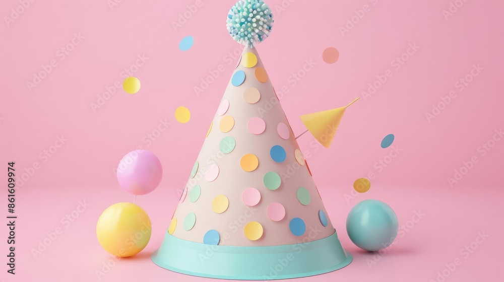 Birthday party hat flat design front view cheerful 3D render colored pastel Birthday party hat flat design front view cheerful 3D render colored pastel