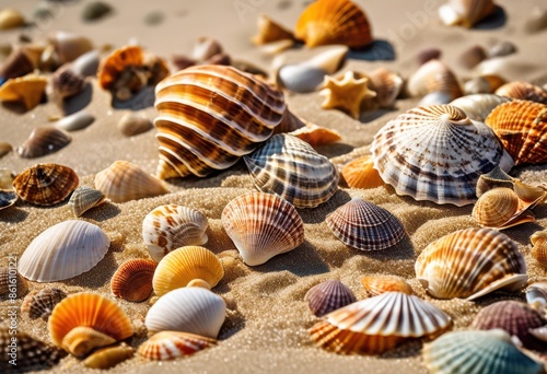 detailed view sea shells scattered beach shoreline, sand, ocean, coastline, nature, marine, texture, pattern, tropical, colorful, outdoors, summer, macro photo