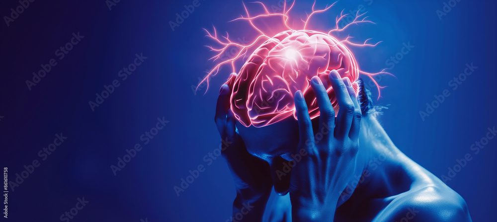 A vivid digital artwork depicting a human brain illuminated by glowing electric impulses, representing headache or migraine A vivid digital artwork depicting a human brain illuminated by glowing electric impulses, representing headache or migraine