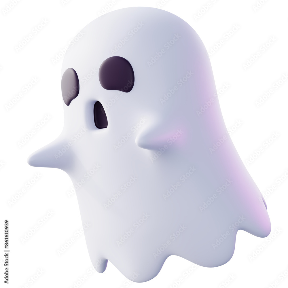Cute Halloween Ghost 3D Icon for Spooky and Festive Designs Featuring a White Ghost with a Surprised Expression and Purple Shadow Accents Cute Halloween Ghost 3D Icon for Spooky and Festive Designs Featuring a White Ghost with a Surprised Expression and Purple Shadow Accents
