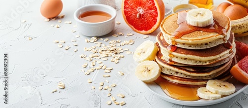 Home-made pancakes piled wi...