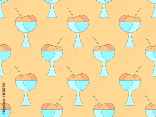 Ice cream in a glass seamless pattern. Ice cream balls in a glass with a spoon on a beige background. Design for wallpapers, wrappers, covers, banners and posters. Vector illustration