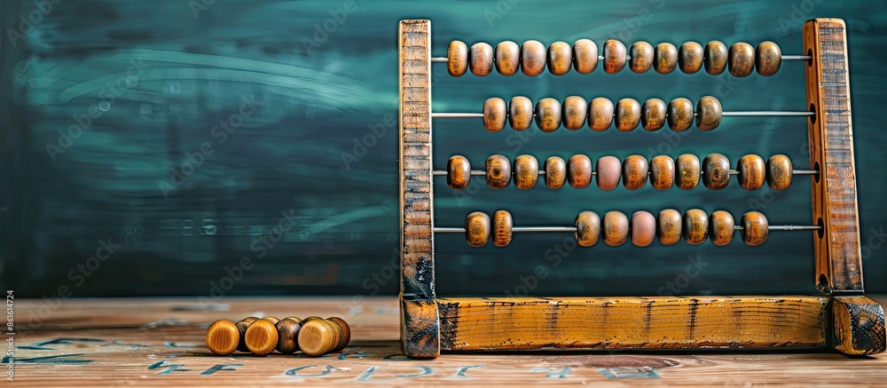 Obraz premium Vintage abacus displayed in a classroom setting with a black chalkboard in the background creating a nostalgic atmosphere suitable for text overlay as a copy space image.