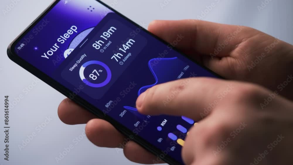 Tracking sleep information on a smartphone app Using the diagnosis app, analyze deep, light, and REM sleep data to determine its quality and quantity. Fictional Interface.