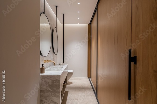 Modern bathroom with marble fixtures and light brown wood paneling