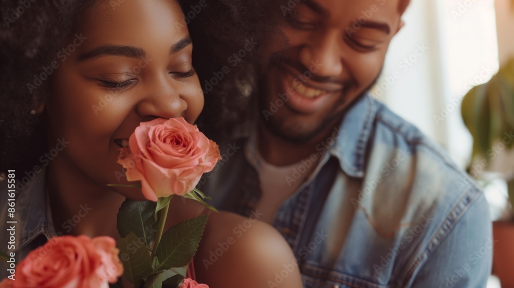 A couple sharing a tender moment, focusing on the woman's joyful expression as she smells a pink rose, captured indoors with natural light. A couple sharing a tender moment, focusing on the woman's joyful expression as she smells a pink rose, captured indoors with natural light.