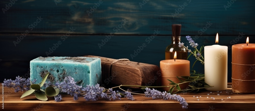 Spa-themed still life featuring handmade soap on an elegant wooden backdrop, evoking tranquility and wellness procedures, with ample copy space image. Spa-themed still life featuring handmade soap on an elegant wooden backdrop, evoking tranquility and wellness procedures, with ample copy space image.