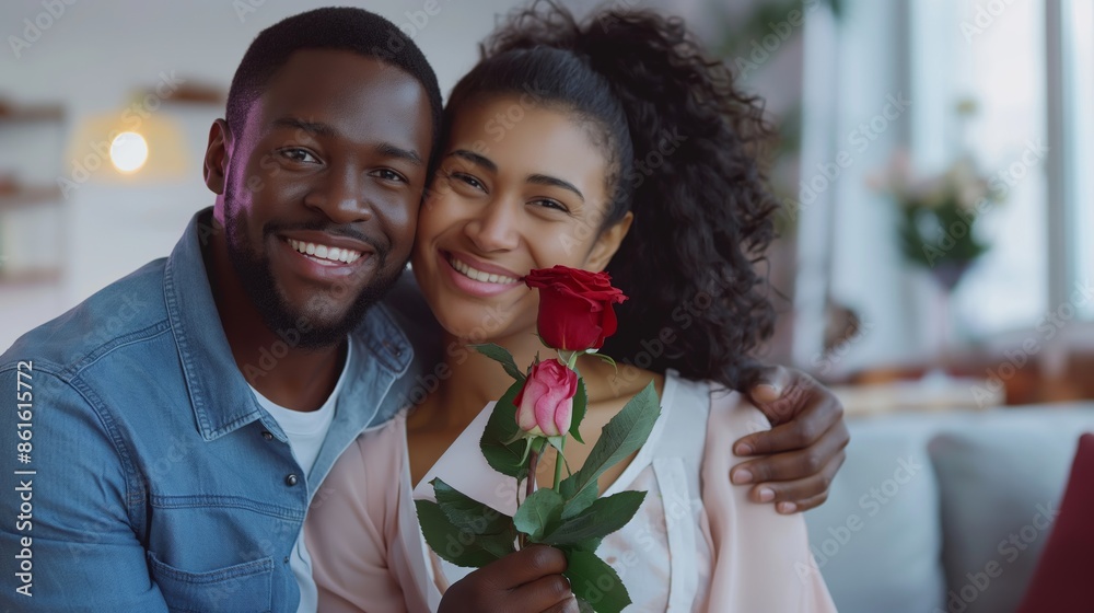 A happy couple embracing with a single red rose, captured in a bright and modern living room, showing their affection and happiness. A happy couple embracing with a single red rose, captured in a bright and modern living room, showing their affection and happiness.