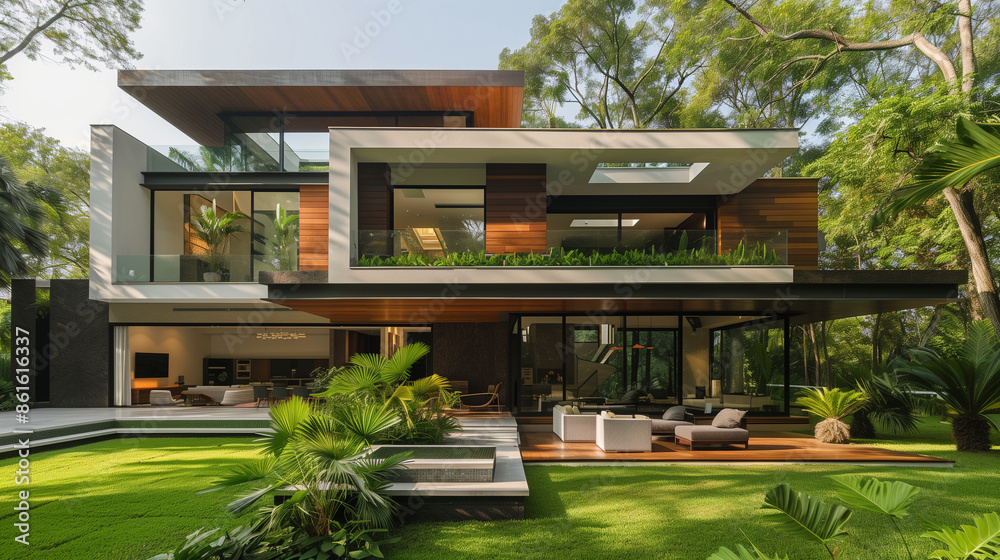 Obraz premium Modern house with green lawn and terrace offering scenic views, featuring contemporary design, large windows, and surrounded by lush vegetation.