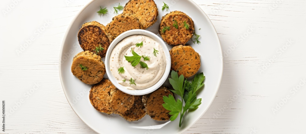 A plate with chickpea falafel and tahini sauce on a white background, viewed from the top, with space for text or images. with copy space image. Place for adding text or design A plate with chickpea falafel and tahini sauce on a white background, viewed from the top, with space for text or images. with copy space image. Place for adding text or design
