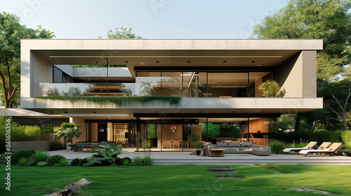 Modern house with spacious lawn and sun-drenched terrace, featuring sleek architectural design, large glass walls, and surrounded by vibrant greenery. © NaphakStudio
