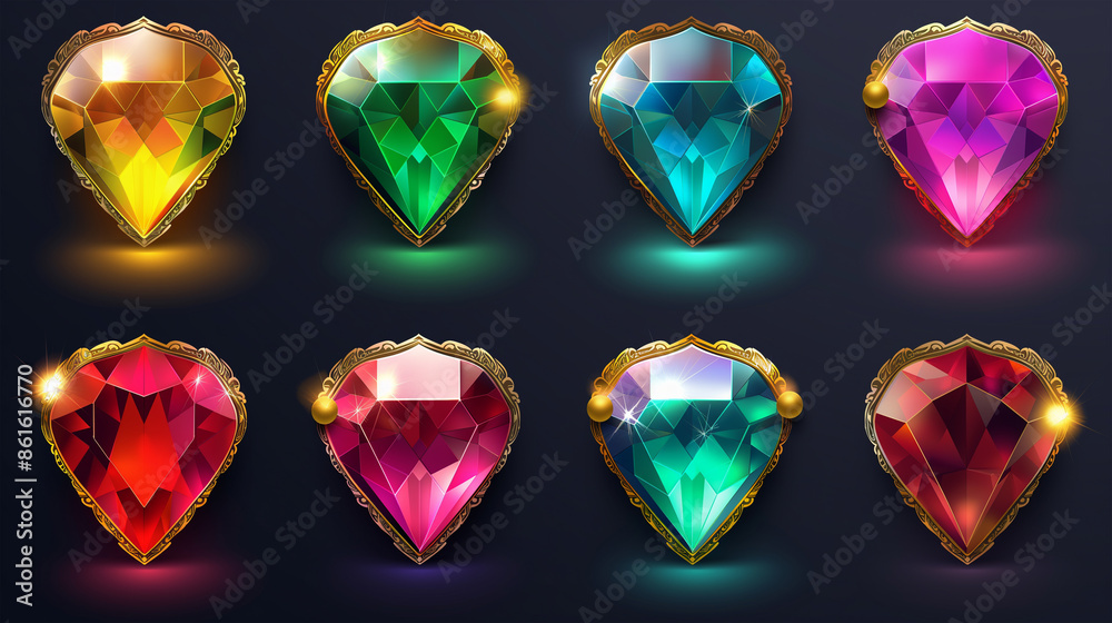 Fototapeta premium Asset of Diamonds buttons with gold frames for mobile game or slot game icons, Illustration