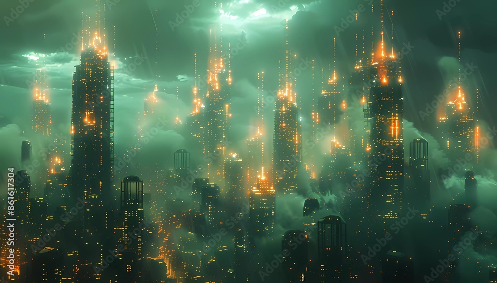 Digital Infrastructure Landscape, A surreal landscape where skyscrapers morph into data towers linked by luminous lines, telecommunication backbone routes. Digital Infrastructure Landscape, A surreal landscape where skyscrapers morph into data towers linked by luminous lines, telecommunication backbone routes.