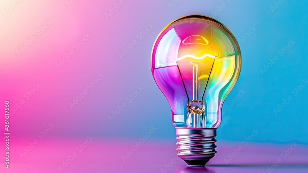 Colorful light bulb glowing with vibrant hues, symbolizing creativity, innovation, and bright ideas in a modern and artistic setting. Colorful light bulb glowing with vibrant hues, symbolizing creativity, innovation, and bright ideas in a modern and artistic setting.