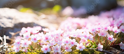 Small delicate pink and white moss flowers (Shibazakura, Phlox subulata) in full bloom on the ground on a sunny spring day with copy space image. photo