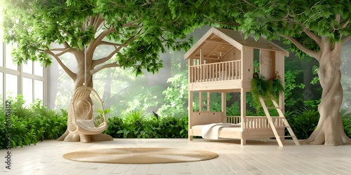 Create a Jungle-Themed Bedroom for a Child with Treehouse Bunk Beds and Animal Decals. Concept Treehouse Bunk Beds, Animal Decals, Leafy Green Wall Paint, Hanging Vines, Safari Bedding photo
