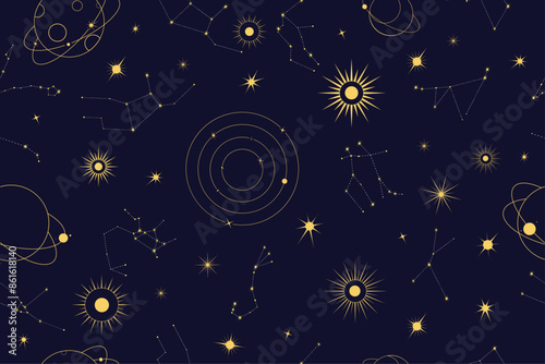 Space seamless vector pattern with gold sun, constellations, moons and stars on a blue background. Mystical, magic esoteric background for design of fabric, packaging, astrology, phone case, wrapping 