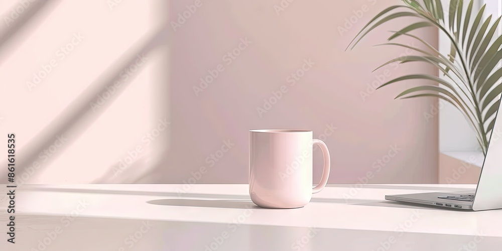 Coffee cup on desk next to laptop computer Coffee cup on desk next to laptop computer