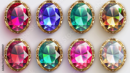 Asset of Diamonds buttons with gold frames for mobile game or slot game icons, Illustration