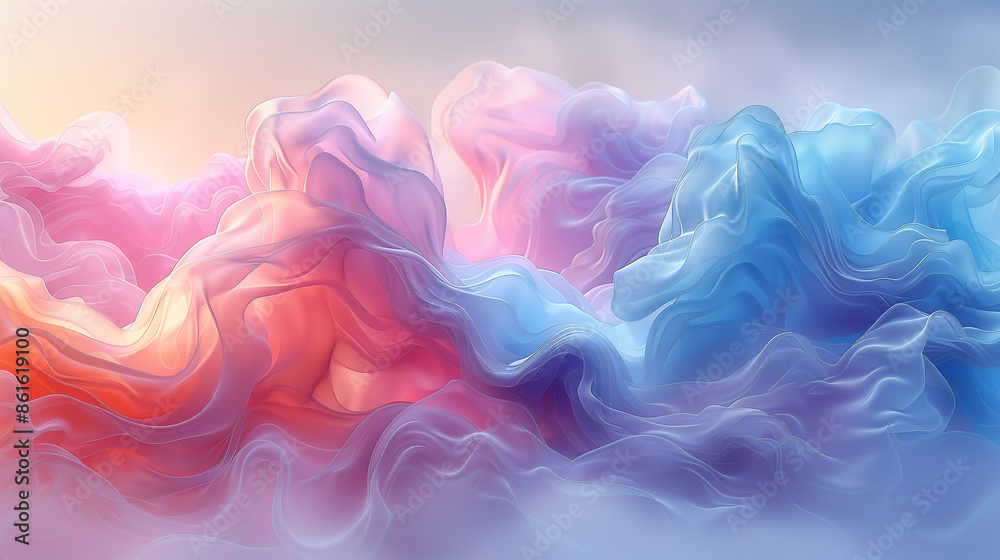 Soft, flowing waves of pastel pink, peach, and blue fabric create a dreamy, ethereal, and serene landscape. Soft, flowing waves of pastel pink, peach, and blue fabric create a dreamy, ethereal, and serene landscape.