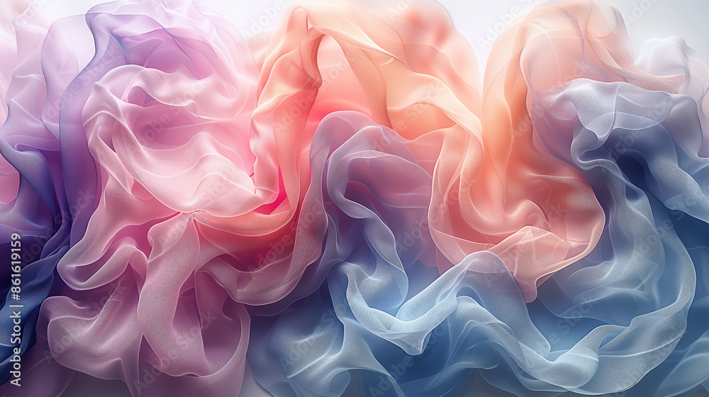 Soft, flowing fabric-like waves in pastel hues of pink, peach, and blue create a delicate, airy abstract scene. Soft, flowing fabric-like waves in pastel hues of pink, peach, and blue create a delicate, airy abstract scene.