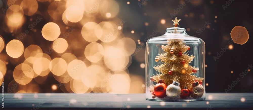 Close-up of a stylish Christmas tree positioned inside a glass jar against a backdrop of bokeh lights, providing ample copy space. Conveys the essence of the holiday season. Close-up of a stylish Christmas tree positioned inside a glass jar against a backdrop of bokeh lights, providing ample copy space. Conveys the essence of the holiday season.