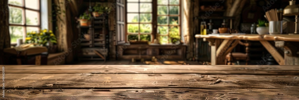 A rustic wooden table surface at the bottom of the frame with a blurred out-of-focus background of a rural home office, A rustic wooden table surface at the bottom of the frame with a blurred out-of-focus background of a rural home office,
