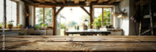 A rustic wooden table surface at the bottom of the frame with a blurred out-of-focus background of a rural home office,