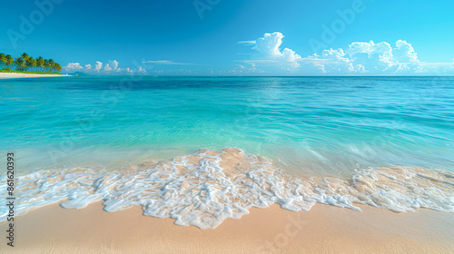 A stunning image of a tropical beach with crystal-clear turquoise waters gently lapping against a sandy shore. The scene is bathed in sunlight, with a line of palm trees.