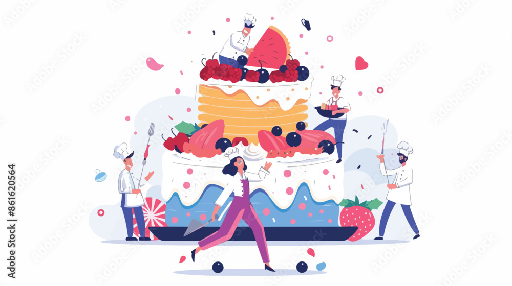 Fototapeta premium People Cook Festive Cake with Cream and Berries Landing