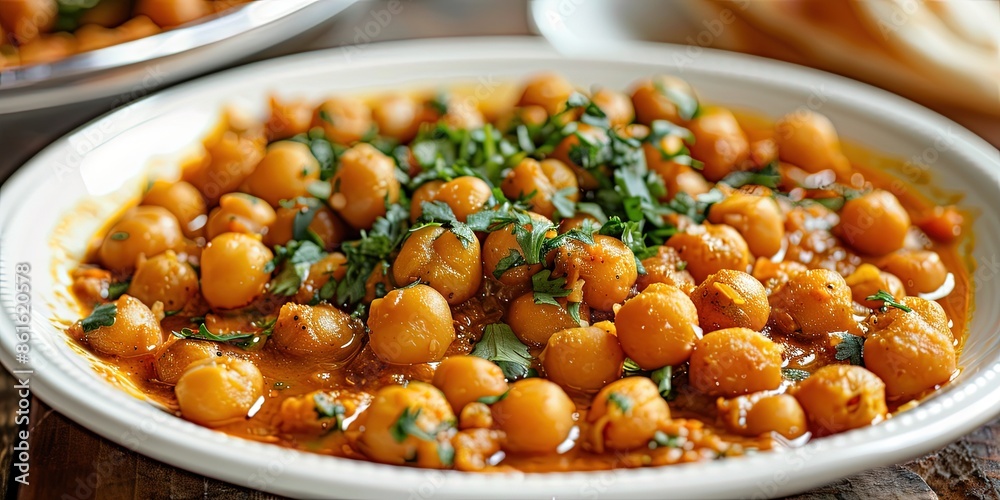 a white plate filled with a chickpeas cooked in curry a white plate filled with a chickpeas cooked in curry
